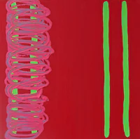 a painting with red and green lines on a red background