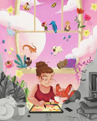 an illustration of a girl sitting in front of a window