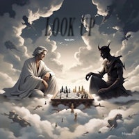 a chess board with two devils playing chess in the clouds