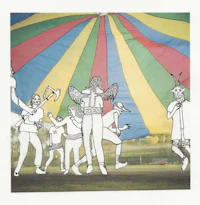 a drawing of a group of people in a field with a parachute