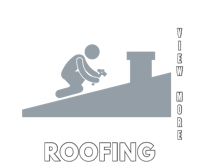 a black and white image of a man on a roof with the words view more roofing