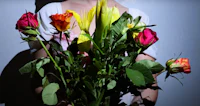 a woman holding a bouquet of colorful flowers
