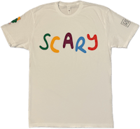 a white t - shirt with the word scary in colorful letters