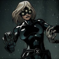 a woman in a black costume holding a gun