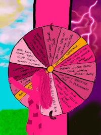 a drawing of a pink wheel with words on it