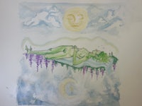 a watercolor painting of a woman laying on the moon