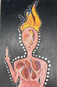 a painting of a woman with flames on her body