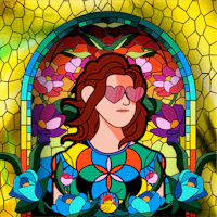 a stained glass image of a woman with glasses and flowers