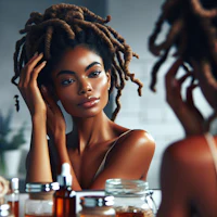 a woman with dreadlocks looking at herself in the mirror