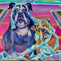 a painting of two bulldogs sitting next to each other