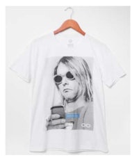 a white t - shirt with a picture of a man with sunglasses
