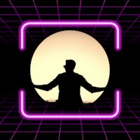 a silhouette of a man in front of a neon frame