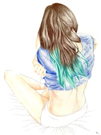 a drawing of a girl with blue hair sitting on a bed