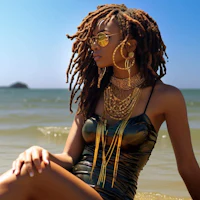 a woman with dreadlocks sitting on the beach