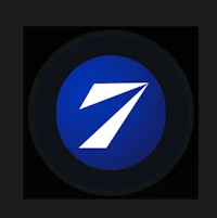 a blue and white logo with an arrow in it