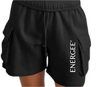 a woman wearing black shorts with the word energizer on them