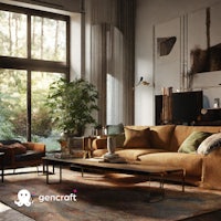 a living room with a brown couch and a coffee table