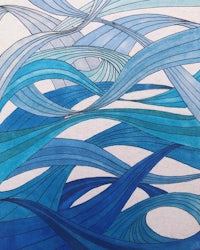 a watercolor painting of blue and white waves