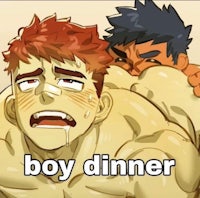 a man is laying on top of another man with the caption boy dinner