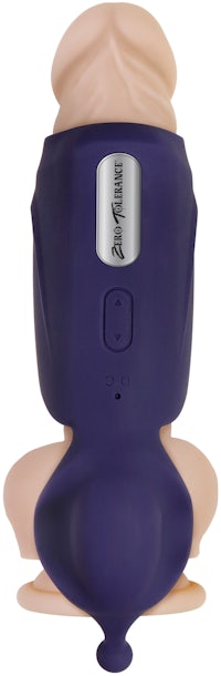 a purple and beige toy with a button on it