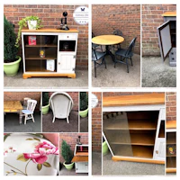 a collage of photos showing a dining room table and chairs