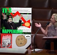 a woman is standing in front of a poster that says it's happening