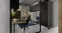 a 3d rendering of a room with a desk and a guitar