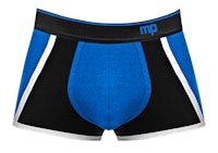 a blue and black boxer brief with the word mp on it