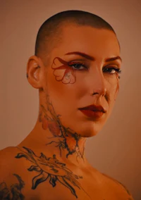 a woman with tattoos and a shaved head