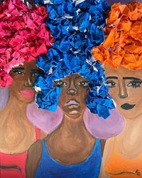 a painting of three women with colorful hair