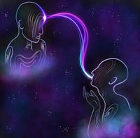 a man and a woman in space with a blue light coming out of their mouths
