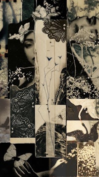 a collage of black and white images of a woman and a butterfly