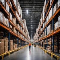 a worker walks through a warehouse full of boxes