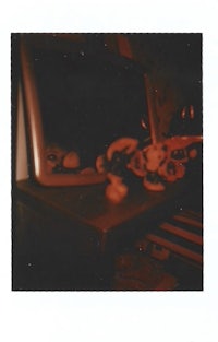 a polaroid photo of a toy on a table