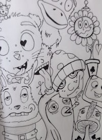 a coloring page with a bunch of cartoon characters