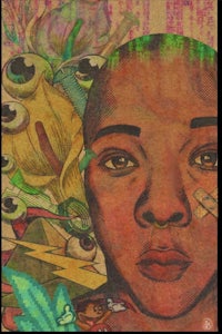 a painting of a woman with a lot of different things on it
