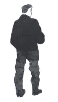 a drawing of a man in a black jacket and pants