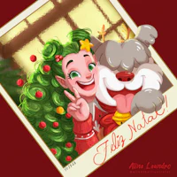 a picture of a girl and a dog with the words jolly noel