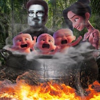 a group of people in a pot with a baby in it