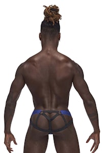 the back of a man wearing a black and blue thong