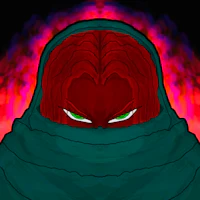 an image of a red face with green eyes