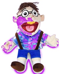 a stuffed animal with glasses and purple paint on it
