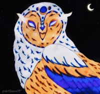 an orange and blue owl sitting in front of the moon