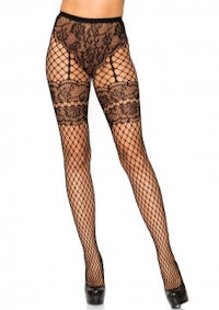 a woman in black fishnet stockings
