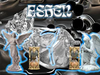 angels, statues, and a clock with the word esen