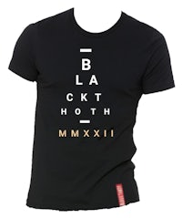a black t - shirt with an eye chart on it