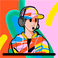 a cartoon illustration of a man with headphones and a colorful background