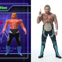 two images of wrestlers standing next to each other