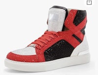 a red and white high top sneaker with rhinestones