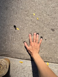 a person's hand reaching for something on the sidewalk